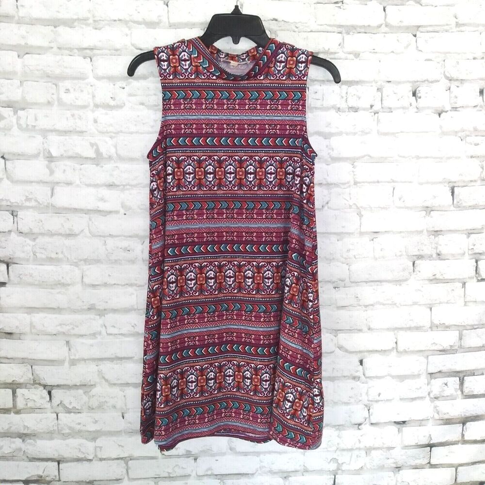 Pink Rose Dress Womens Small Aztec Geometric Floral Sleeveless Short A Line Mini